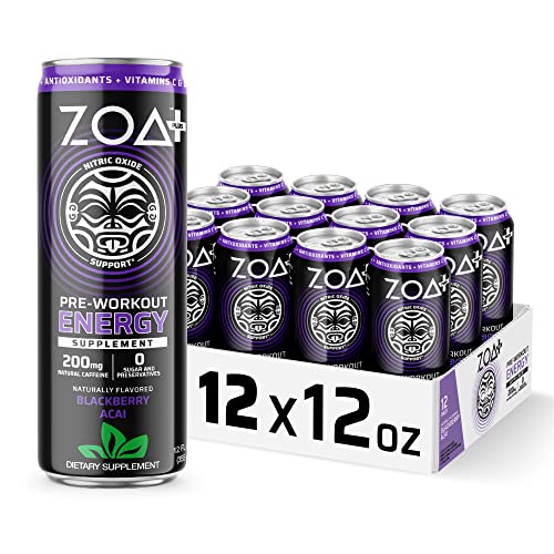 ZOA+ Sugar-Free Pre-Workout Energy Drink (12 Pack) | Blackberry Acai