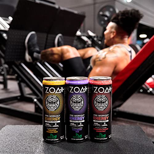 ZOA+ Sugar-Free Pre-Workout Energy Drink (12 Pack) | Blackberry Acai