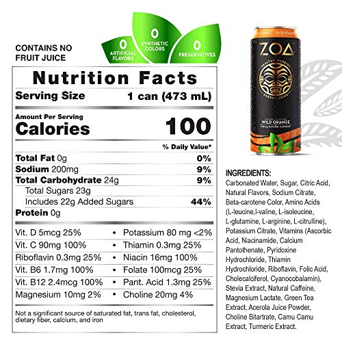 ZOA 100 Calorie Energy Drink (Pack of 12) | Wild Orange