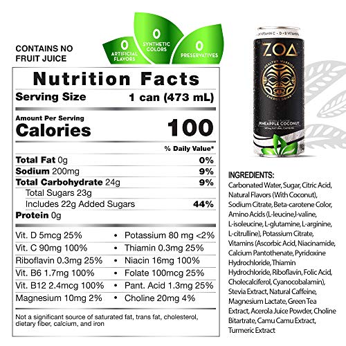 ZOA 100 Calorie Energy Drink (Pack of 12) | Pineapple Coconut